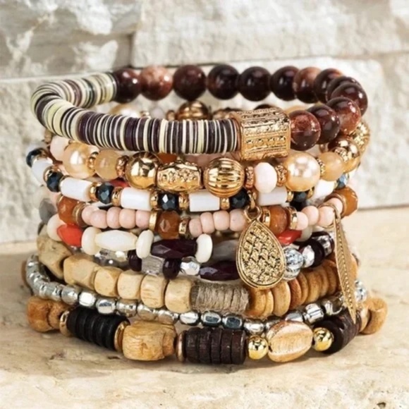 Coconut Mixed Beads Wood Metal Glass Stretch Stackable Bracelet Set w/ Leaf - Picture 3 of 3